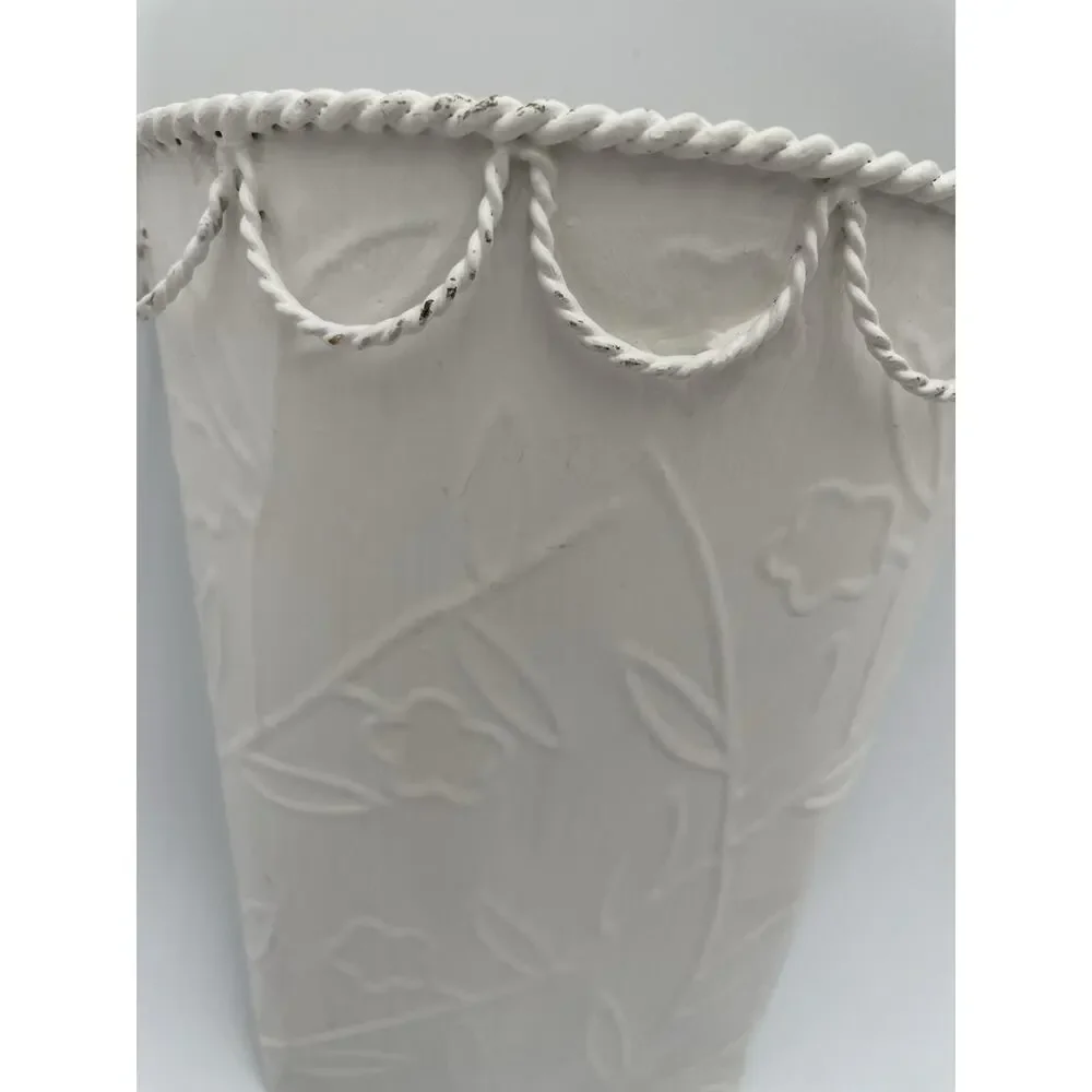 Vintage Style Wall Pocket Hanging Half Bucket Embossed Shabby White Flowers